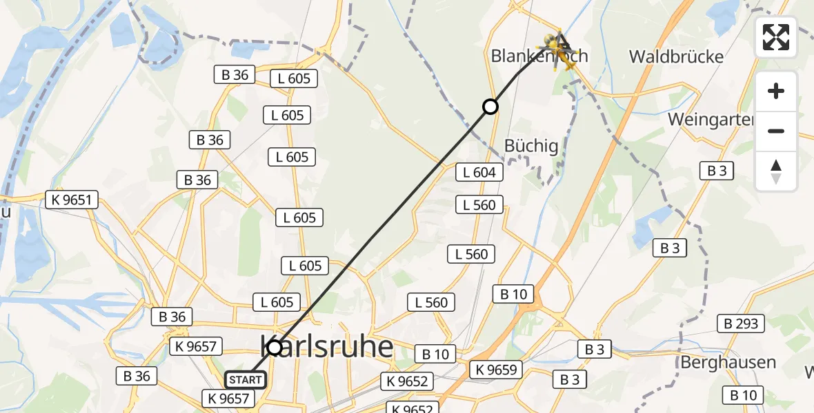 Flugroute Ambulanzhubschrauber Sankt Vincentius Hospital - Stutensee, 30 Oktober 2026, 08:21