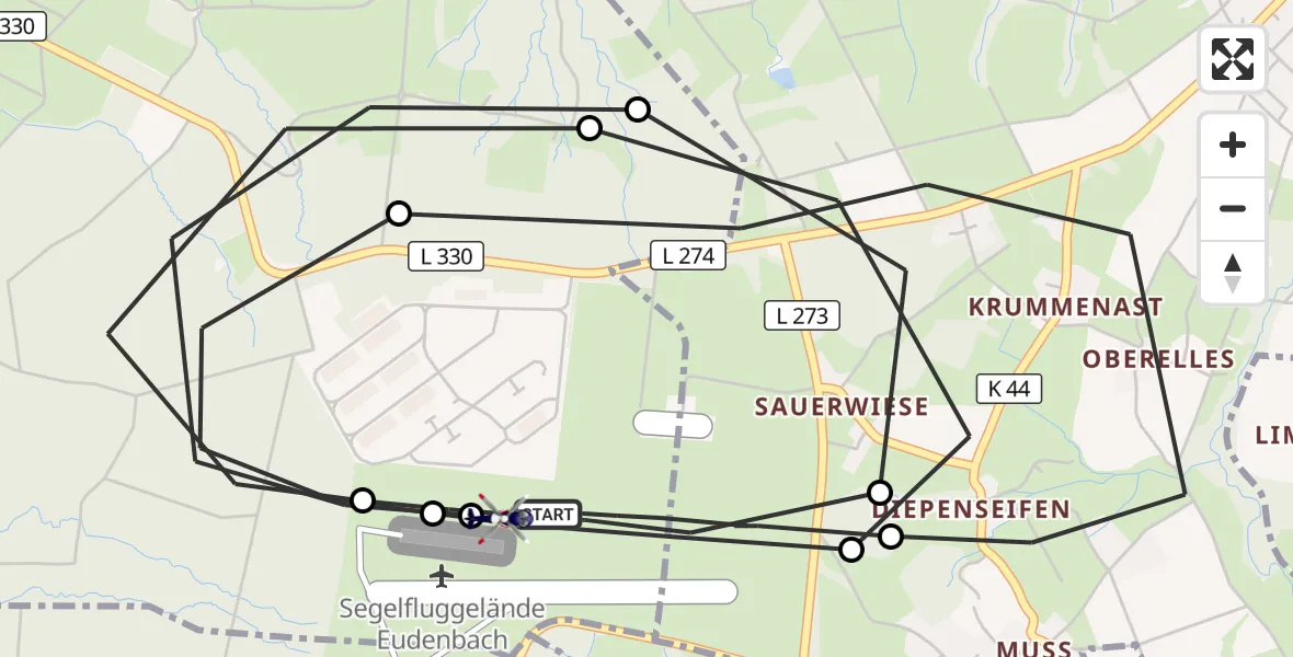 Flugroute Polizeihubschrauber Eudenbach Segelflugfeld - Eudenbach Segelflugfeld, 30 Oktober 2026, 08:24