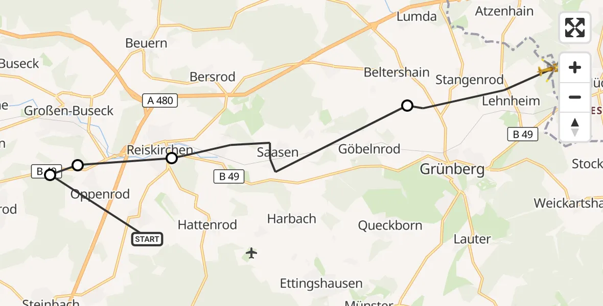 Flugroute Ambulanzhubschrauber Reiskirchen - Mücke, 30 Oktober 2026, 08:33