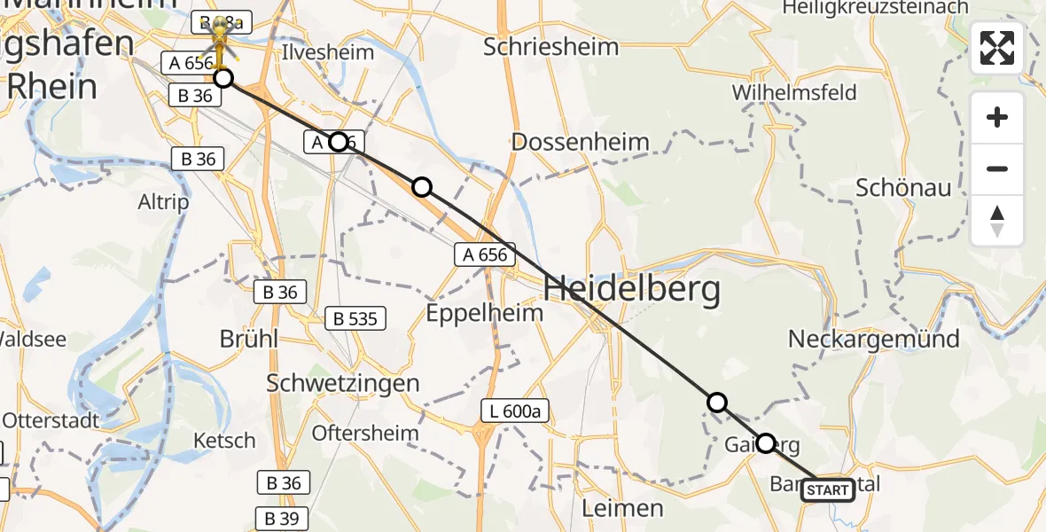Flugroute Rettungshubschrauber Bammental - Mannheim-City Flughafen, 30 Oktober 2026, 08:39