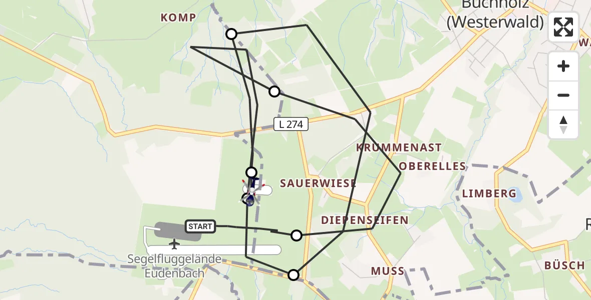 Flugroute Polizeihubschrauber Eudenbach Segelflugfeld - Eudenbach Segelflugfeld, 30 Oktober 2026, 08:40