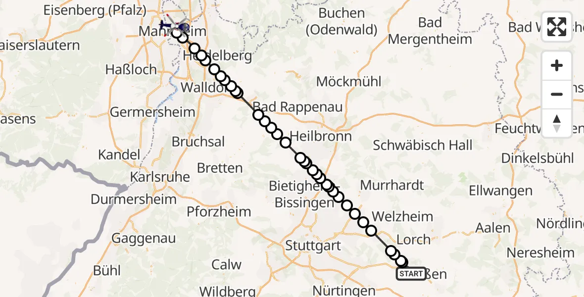 Flugroute Polizeihubschrauber Göppingen - Mannheim, 30 Oktober 2026, 08:52