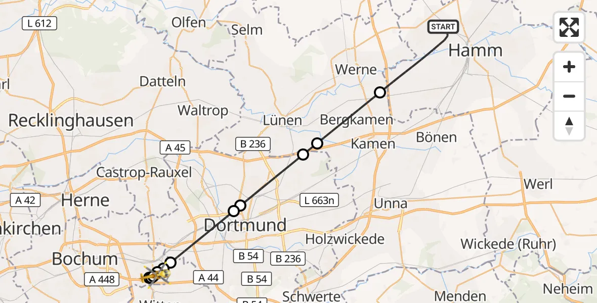 Flugroute Rettungshubschrauber Hamm - Bochum University Miners' Hospital, 30 Oktober 2026, 09:06
