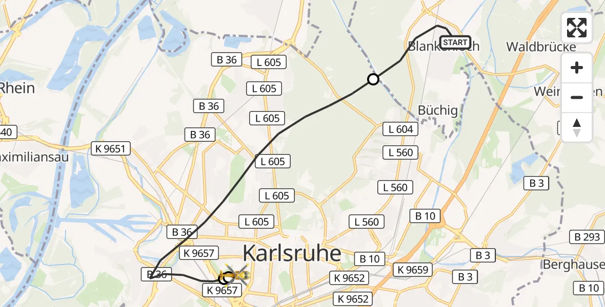 Flugroute Ambulanzhubschrauber Stutensee - Sankt Vincentius Hospital, 30 Oktober 2026, 09:29