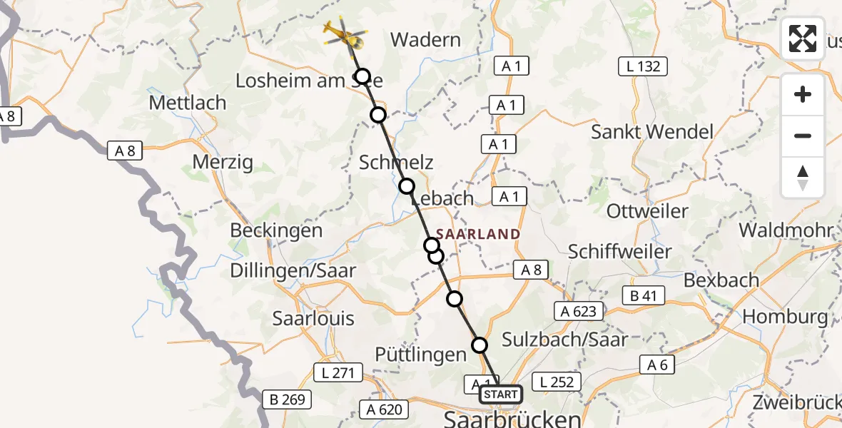 Flugroute Rettungshubschrauber Saarbrücken - Weiskirchen, 30 Oktober 2026, 09:38