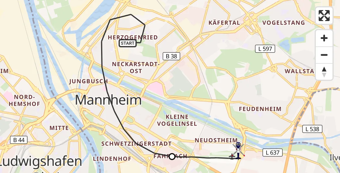 Flugroute Polizeihubschrauber Mannheim - Mannheim-City Flughafen, 30 Oktober 2026, 09:43