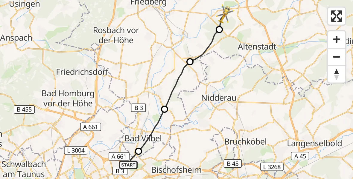 Flugroute Ambulanzhubschrauber Frankfurt am Main - Florstadt, 30 Oktober 2026, 09:53
