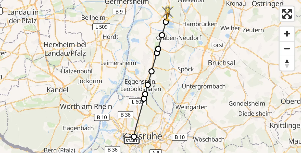 Flugroute Ambulanzhubschrauber Sankt Vincentius Hospital - Philippsburg, 30 Oktober 2026, 09:57