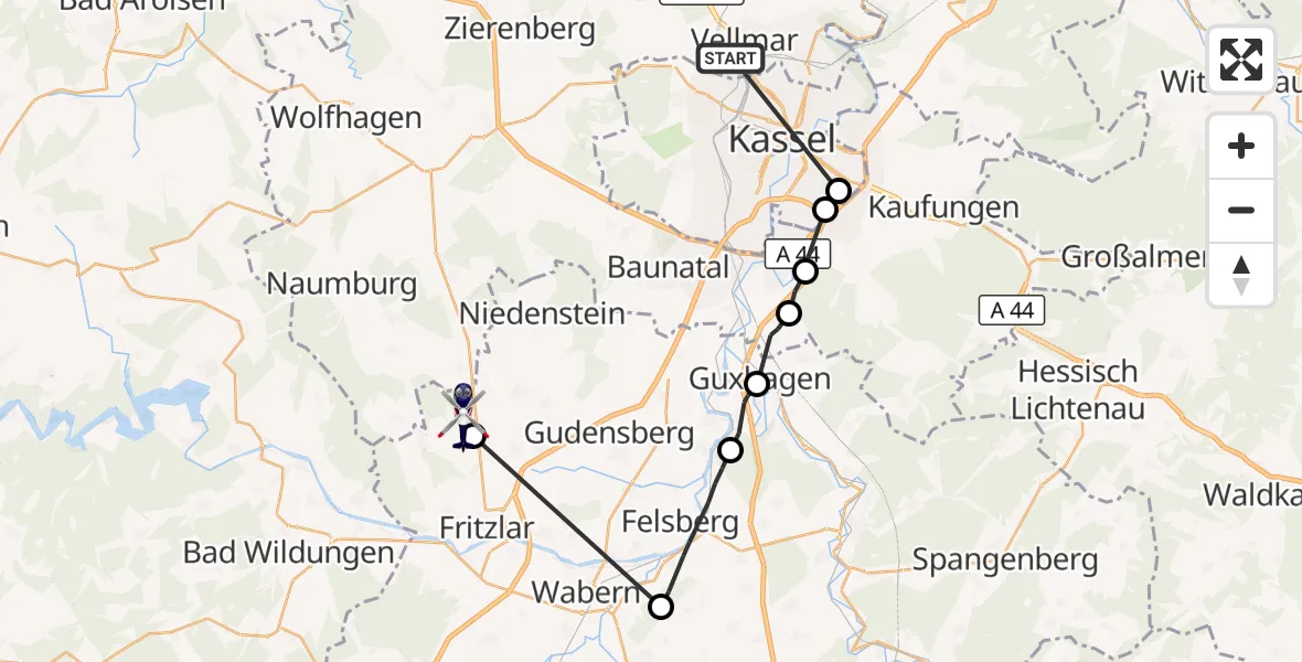 Flugroute Polizeihubschrauber Vellmar - Fritzlar, 30 Oktober 2026, 10:01