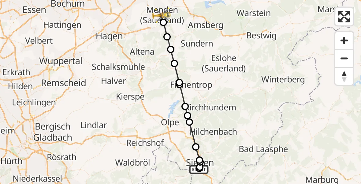 Flugroute Rettungshubschrauber Evangelisches Jung-Stilling Hospital - Menden (Sauerland), 30 Oktober 2026, 10:07