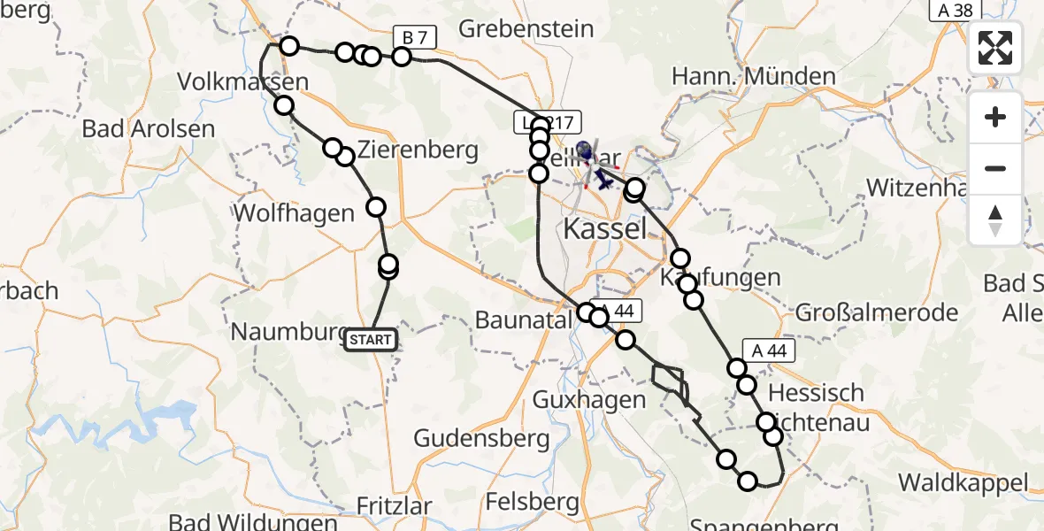 Flugroute Polizeihubschrauber Bad Emstal - Vellmar, 30 Oktober 2026, 10:15
