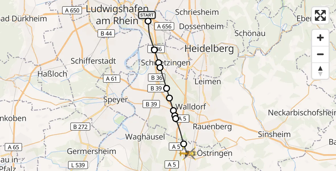 Flugroute Rettungshubschrauber Mannheim-City Flughafen - Kronau, 30 Oktober 2026, 10:16