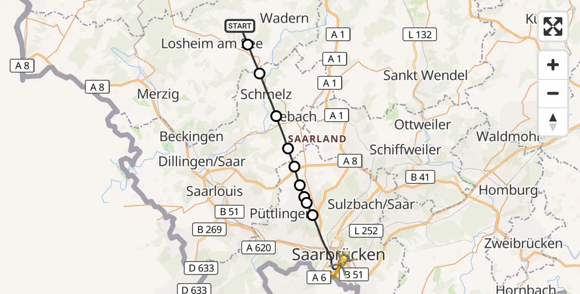 Flugroute Rettungshubschrauber Weiskirchen - Saarbrücken, 30 Oktober 2026, 10:29