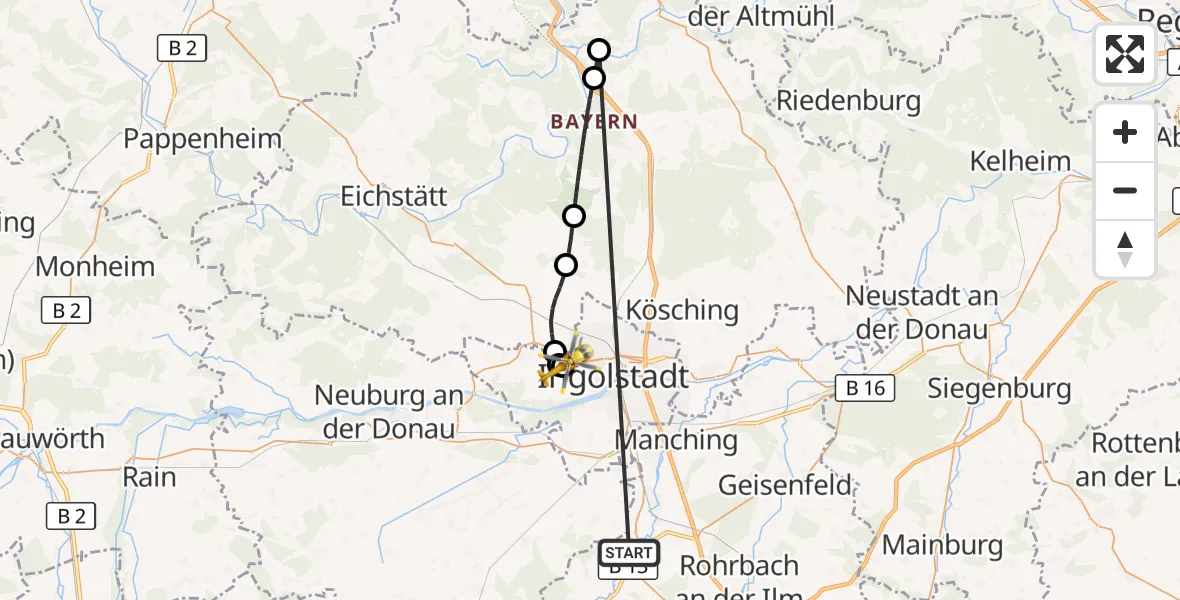 Flugroute Rettungshubschrauber Reichertshofen - Ingolstadt Hospital, 30 Oktober 2026, 10:35