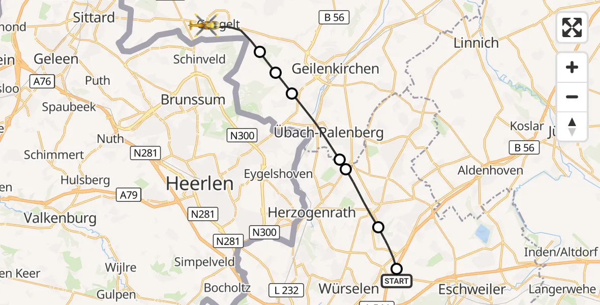 Flugroute Rettungshubschrauber Aachen-Merzbrück Flughafen - Gangelt, 30 Oktober 2026, 10:35