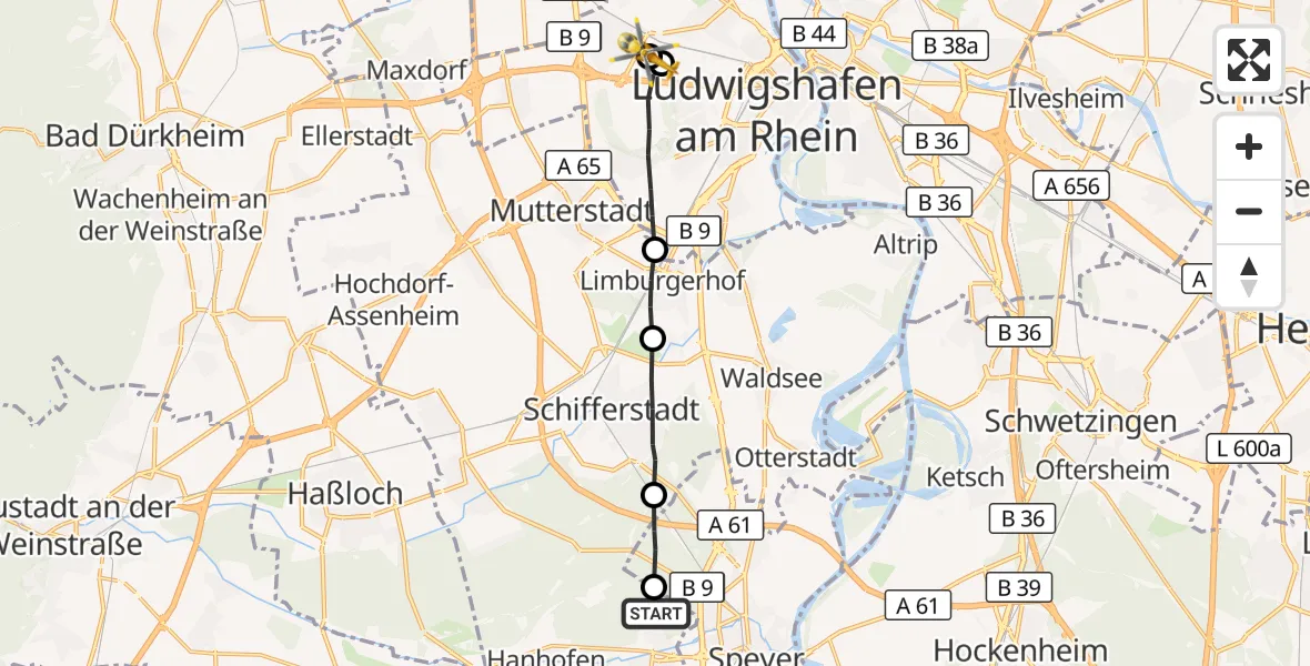 Flugroute Rettungshubschrauber Dudenhofen - Ludwigshafen Accident Hospital, 30 Oktober 2026, 10:36