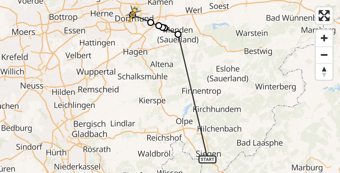 Flugroute Rettungshubschrauber Evangelisches Jung-Stilling Hospital - Dortmund Hospital North, 30 Oktober 2026, 10:44