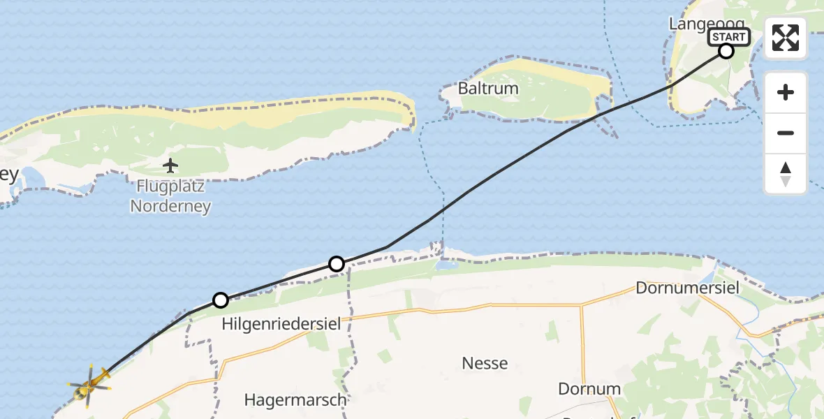 Flugroute Ambulanzhubschrauber Langeoog Flughafen - Noordzee, 30 Oktober 2026, 10:51