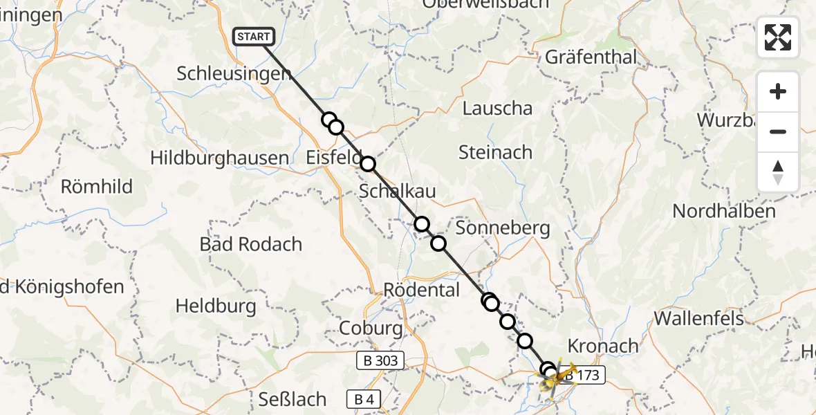 Flugroute Rettungshubschrauber Schleusingen - Küps, 30 Oktober 2026, 10:53