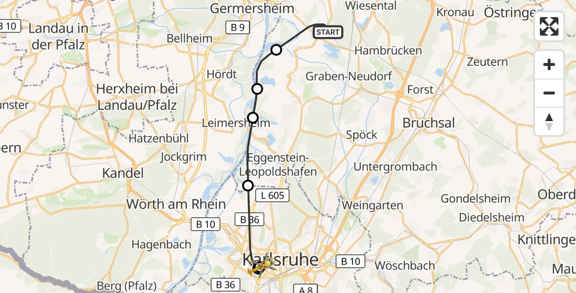 Flugroute Ambulanzhubschrauber Philippsburg - Sankt Vincentius Hospital, 30 Oktober 2026, 10:54