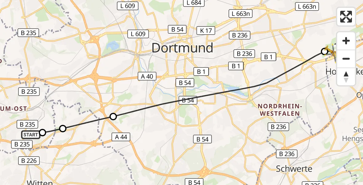 Flugroute Rettungshubschrauber Bochum University Miners' Hospital - Dortmund Flughafen, 30 Oktober 2026, 10:56
