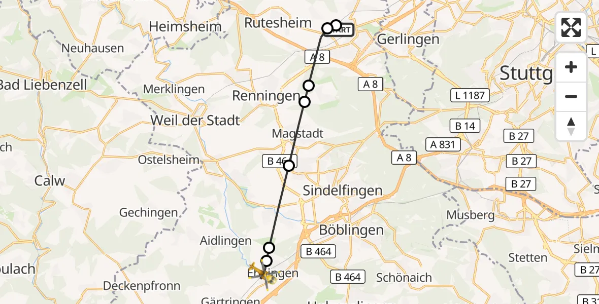 Flugroute Rettungshubschrauber Leonberg Hospital - Ehningen, 30 Oktober 2026, 11:06