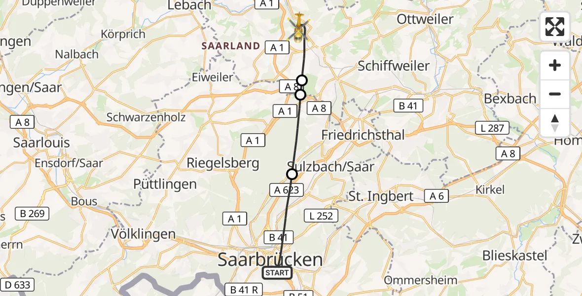 Flugroute Rettungshubschrauber Saarbrücken - Illingen, 30 Oktober 2026, 11:07