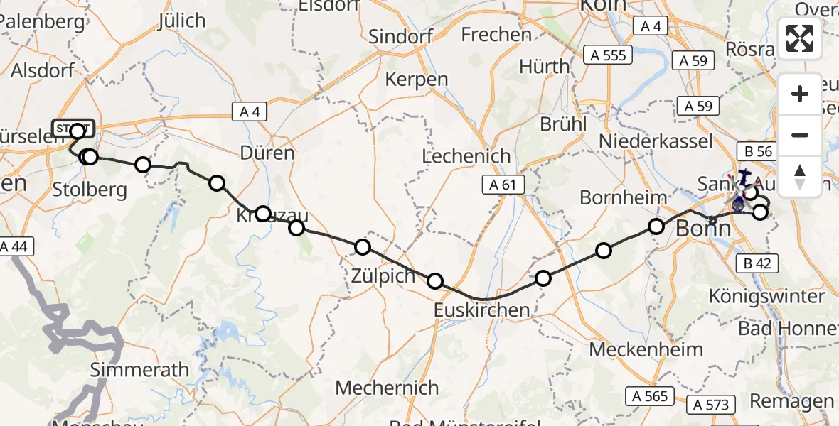 Flugroute Polizeihubschrauber Würselen - Bonn-Hangelar Flugplatz, 30 Oktober 2026, 11:10