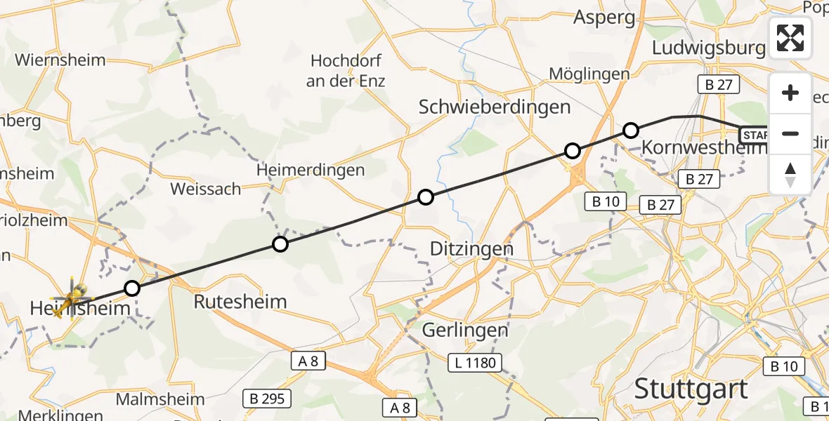 Flugroute Rettungshubschrauber Kornwestheim - Heimsheim, 30 Oktober 2026, 11:22