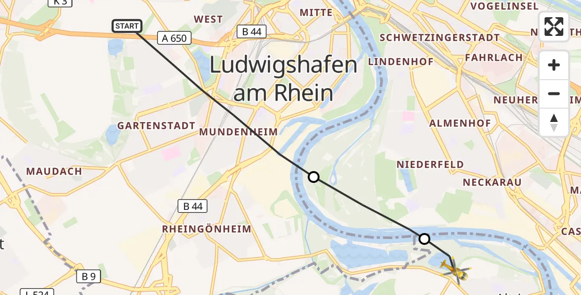 Flugroute Rettungshubschrauber Ludwigshafen am Rhein - Altrip, 30 Oktober 2026, 11:25