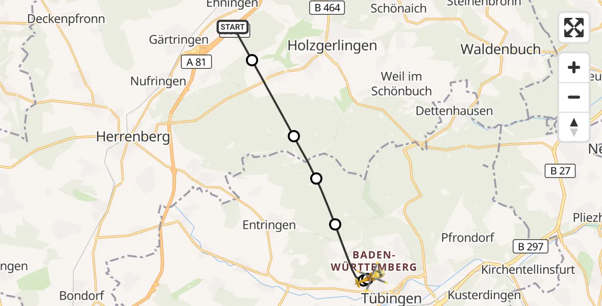 Flugroute Rettungshubschrauber Ehningen - Tübingen University Hospital, 30 Oktober 2026, 11:29