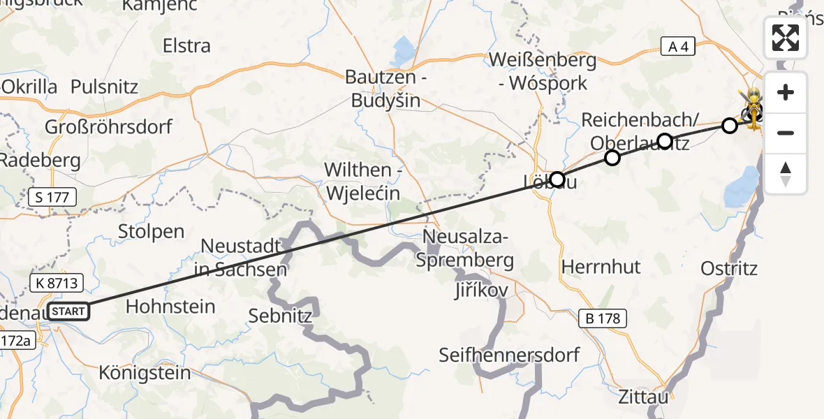 Flugroute Rettungshubschrauber Pirna - Görlitz Hospital, 30 Oktober 2026, 11:30