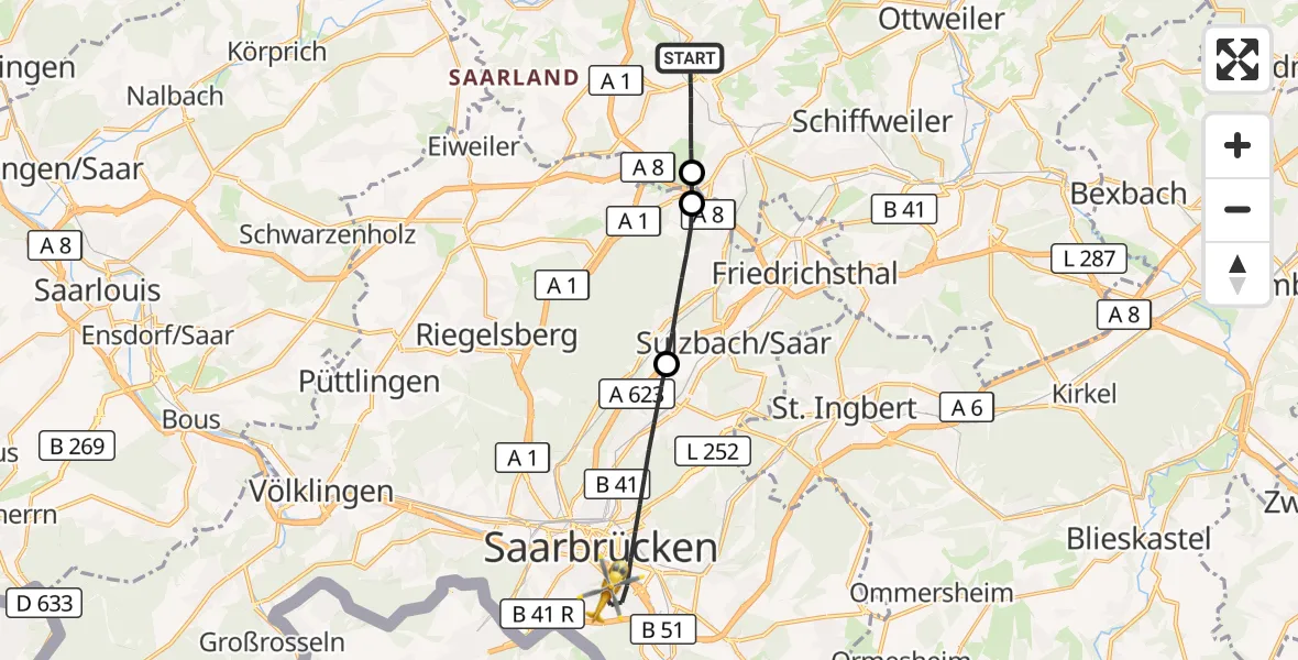 Flugroute Rettungshubschrauber Illingen - Saarbrücken, 30 Oktober 2026, 11:44