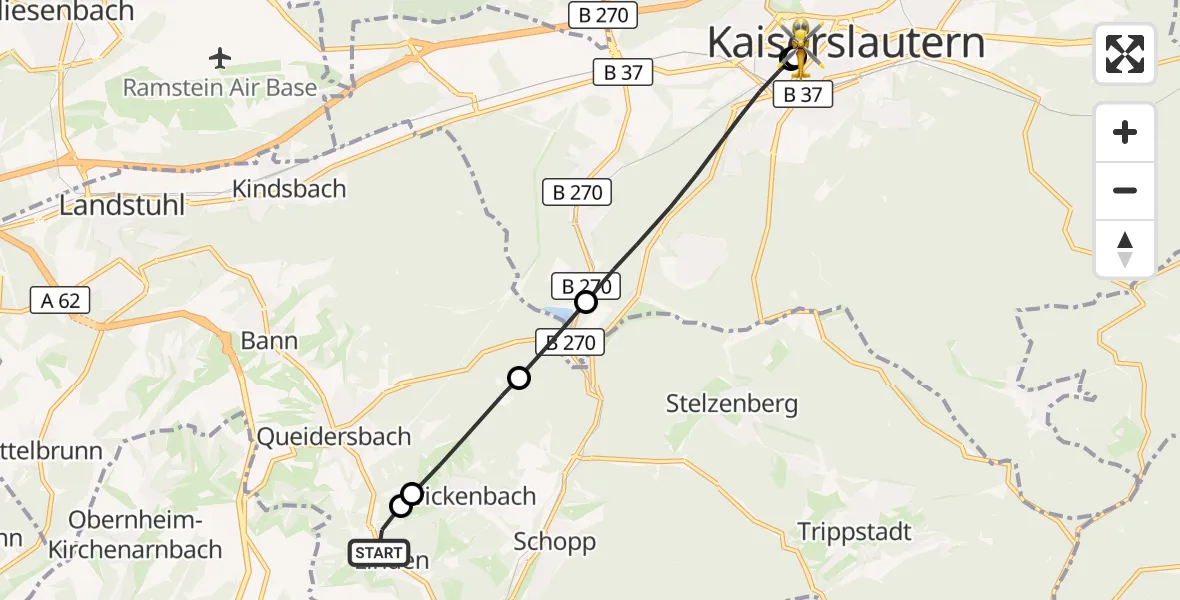 Flugroute Rettungshubschrauber Linden - Westpfalz Hospital Kaiserslautern, 30 Oktober 2026, 11:48