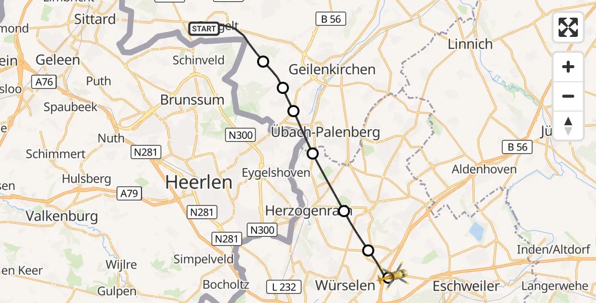 Flugroute Rettungshubschrauber Gangelt - Aachen-Merzbrück Flughafen, 30 Oktober 2026, 11:59