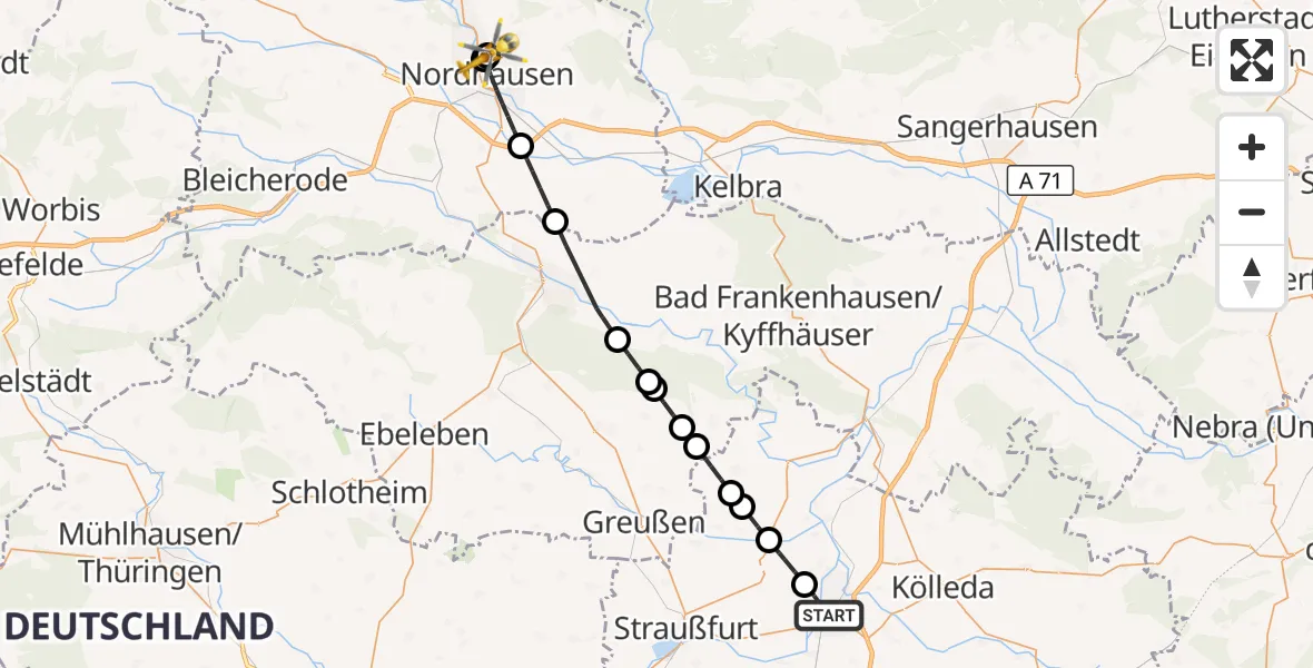 Flugroute Rettungshubschrauber Sömmerda - Südharz Hospital Nordhausen, 30 Oktober 2026, 12:05