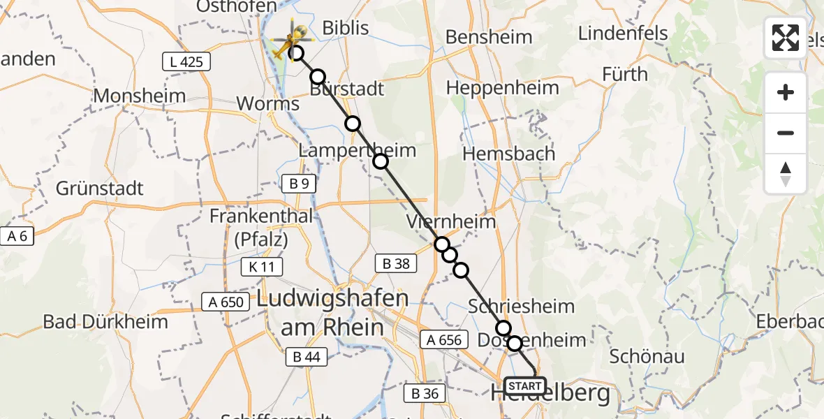 Flugroute Rettungshubschrauber Heidelberg - Biblis, 30 Oktober 2026, 12:05