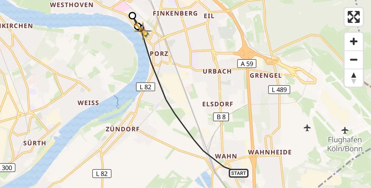 Flugroute Rettungshubschrauber Köln - Porz am Rhein Hospital, 30 Oktober 2026, 12:09