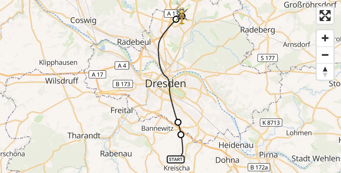 Flugroute Rettungshubschrauber Kreischa - Dresden Flughafen, 30 Oktober 2026, 12:09