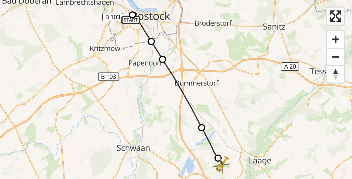 Flugroute Rettungshubschrauber Rostock University Hubschrauberlandeplatz - Flughafen Rostock-Laage, 30 Oktober 2026, 12:12