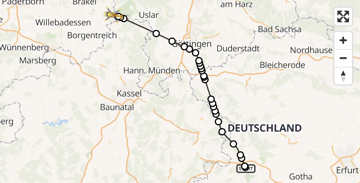 Flugroute Rettungshubschrauber Sankt Georg Hospital Eisenach - Lauenförde, 30 Oktober 2026, 12:16
