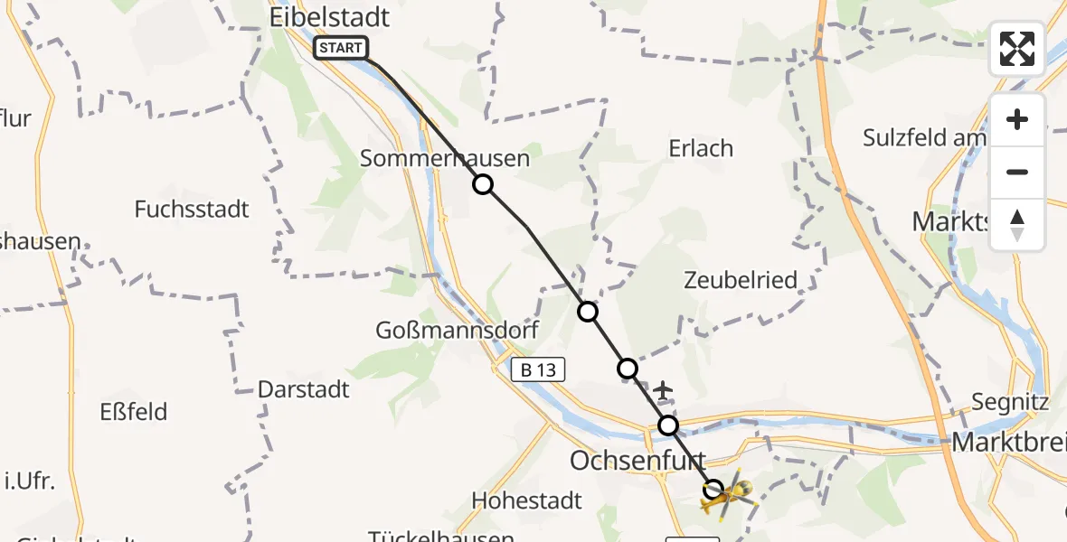 Flugroute Rettungshubschrauber Eibelstadt - Ochsenfurt Hospital Hubschrauberlandeplatz, 30 Oktober 2026, 12:16