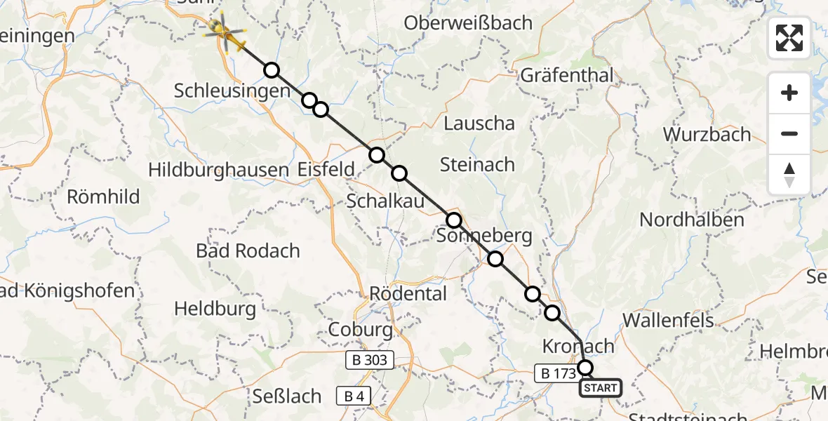 Flugroute Rettungshubschrauber Weißenbrunn - Schleusingen, 30 Oktober 2026, 12:17