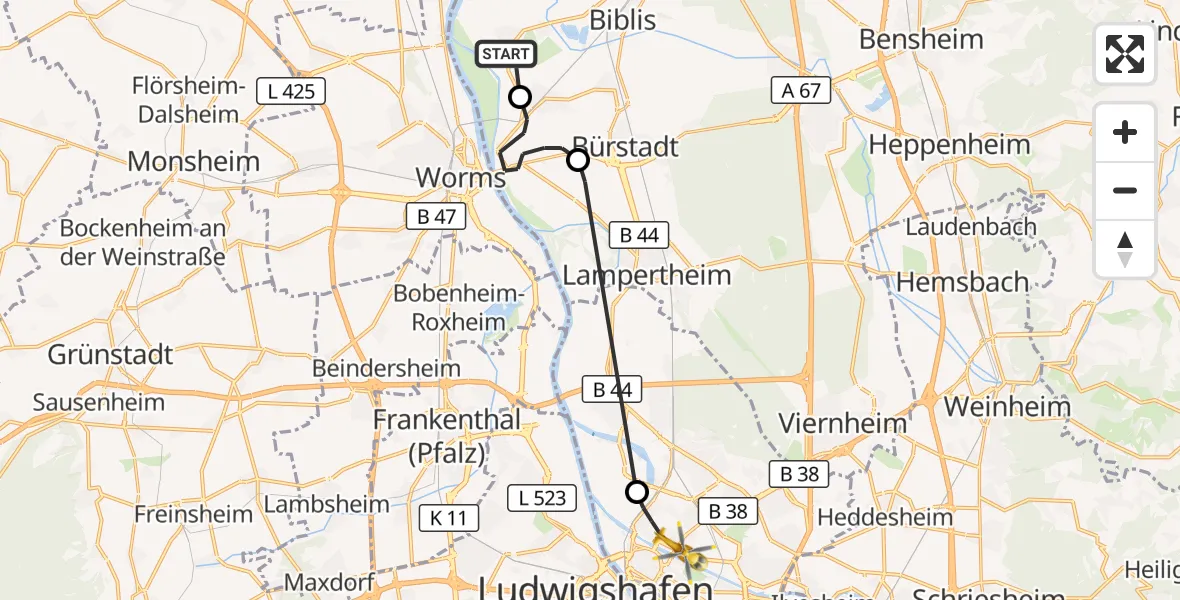 Flugroute Rettungshubschrauber Biblis - Mannheim, 30 Oktober 2026, 12:36
