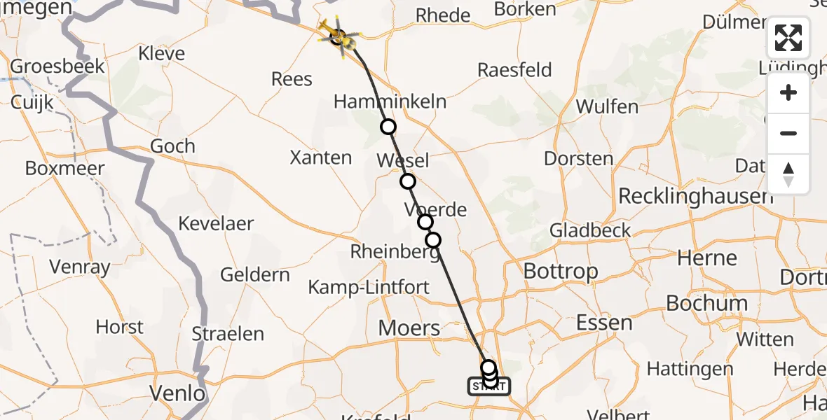 Flugroute Rettungshubschrauber Duisburg Air Rescue Hubschrauberlandeplatz (Christoph 9) - Rees, 30 Oktober 2026, 12:36