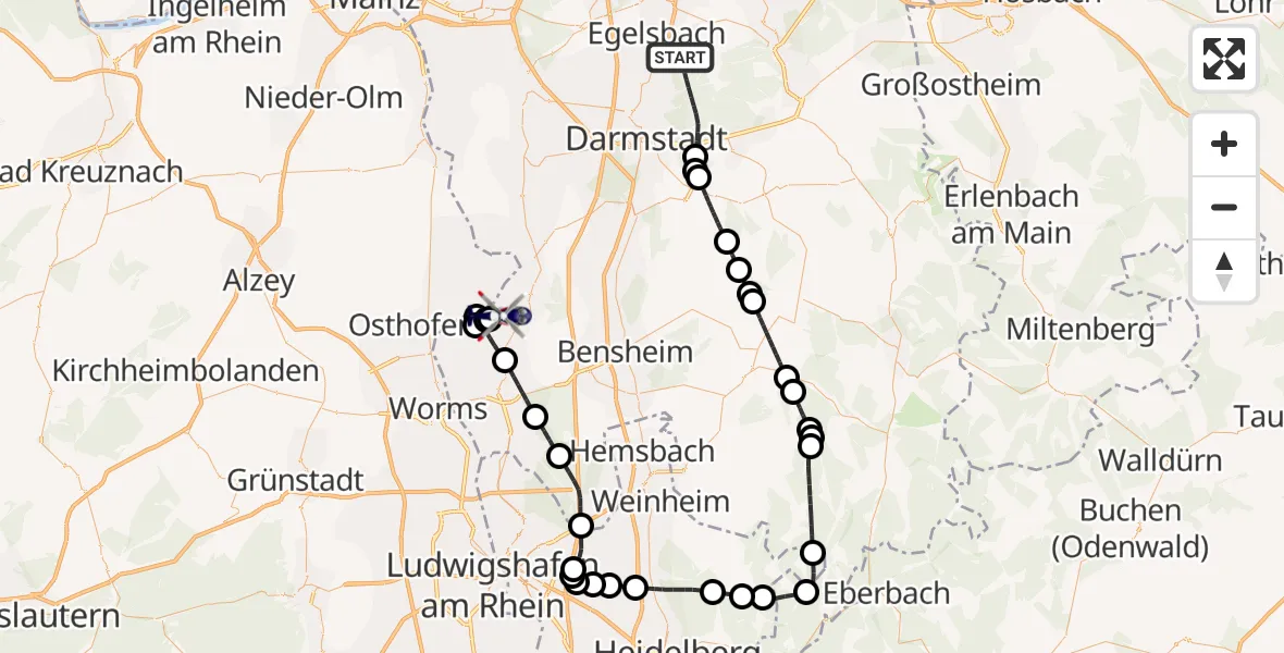 Flugroute Polizeihubschrauber Darmstadt - Groß-Rohrheim, 30 Oktober 2026, 12:44