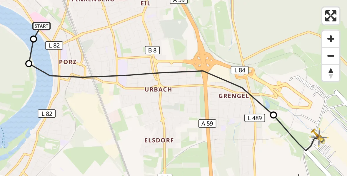Flugroute Rettungshubschrauber Porz am Rhein Hospital - Köln Bonn Flughafen, 30 Oktober 2026, 12:47