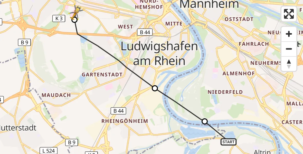 Flugroute Rettungshubschrauber Altrip - Ludwigshafen Accident Hospital, 30 Oktober 2026, 12:47