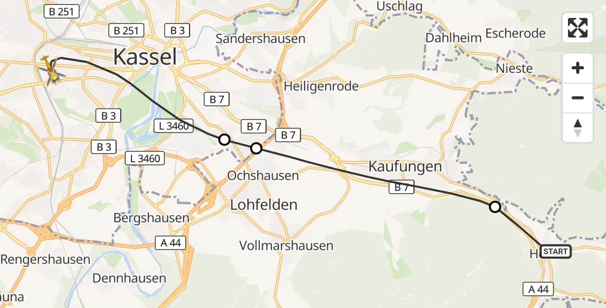 Flugroute Rettungshubschrauber Helsa - Kassel, 30 Oktober 2026, 12:55