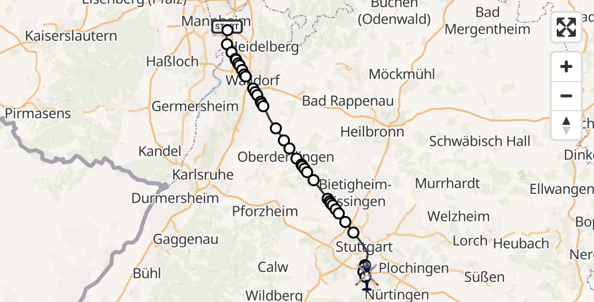 Flugroute Polizeihubschrauber Mannheim-City Flughafen - Flughafen Stuttgart, 30 Oktober 2026, 13:01